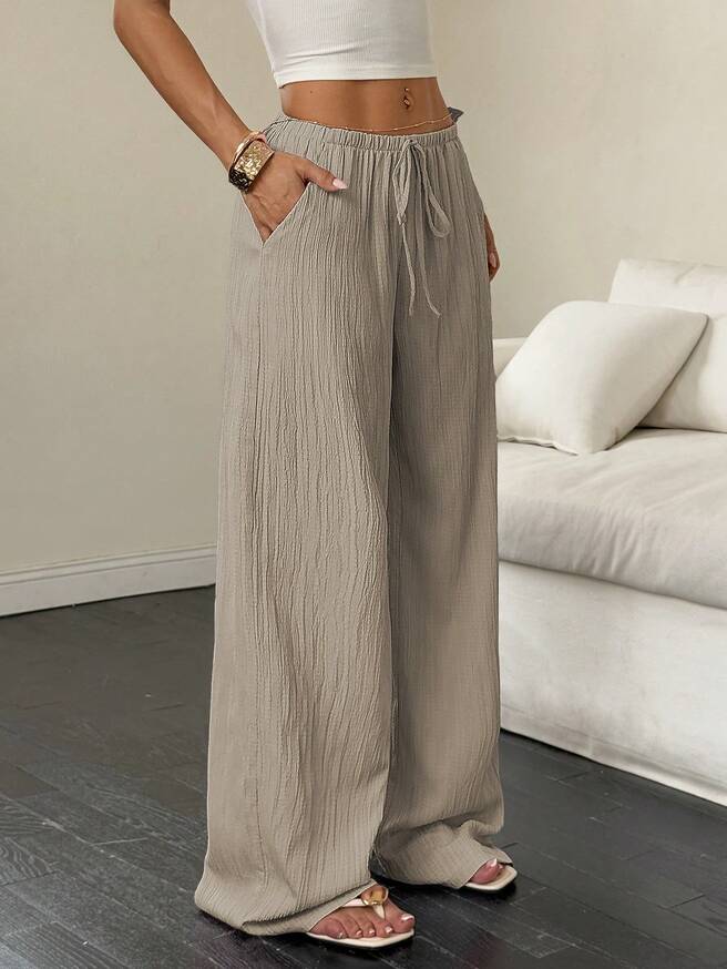 Solid Color Drawstring Casual Wide Leg Pants