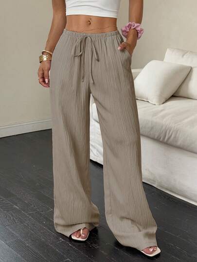 Solid Color Drawstring Casual Wide Leg Pants